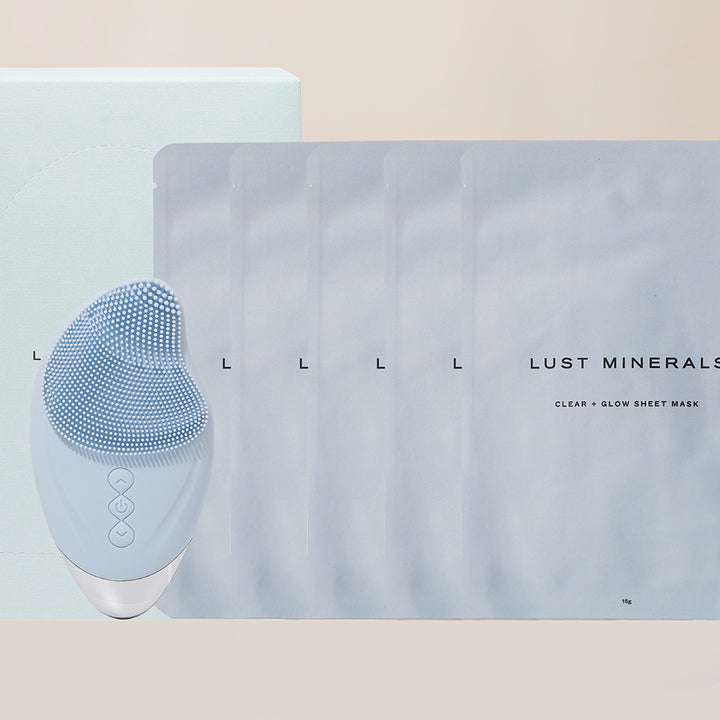 Clear Glow Sheet Mask Box Set + Facial Massager Brush