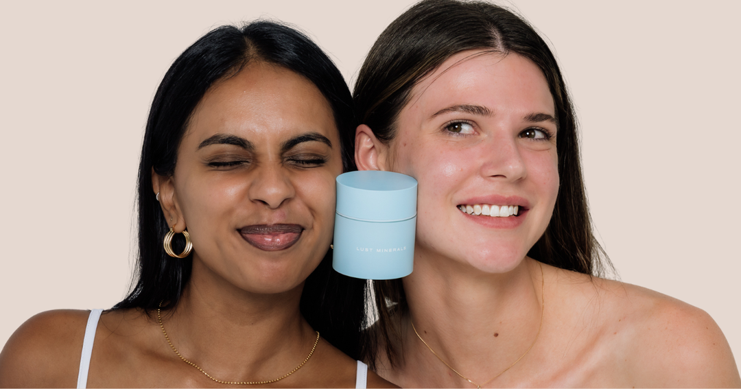 Two girls with lust minerals skincare between their cheeks