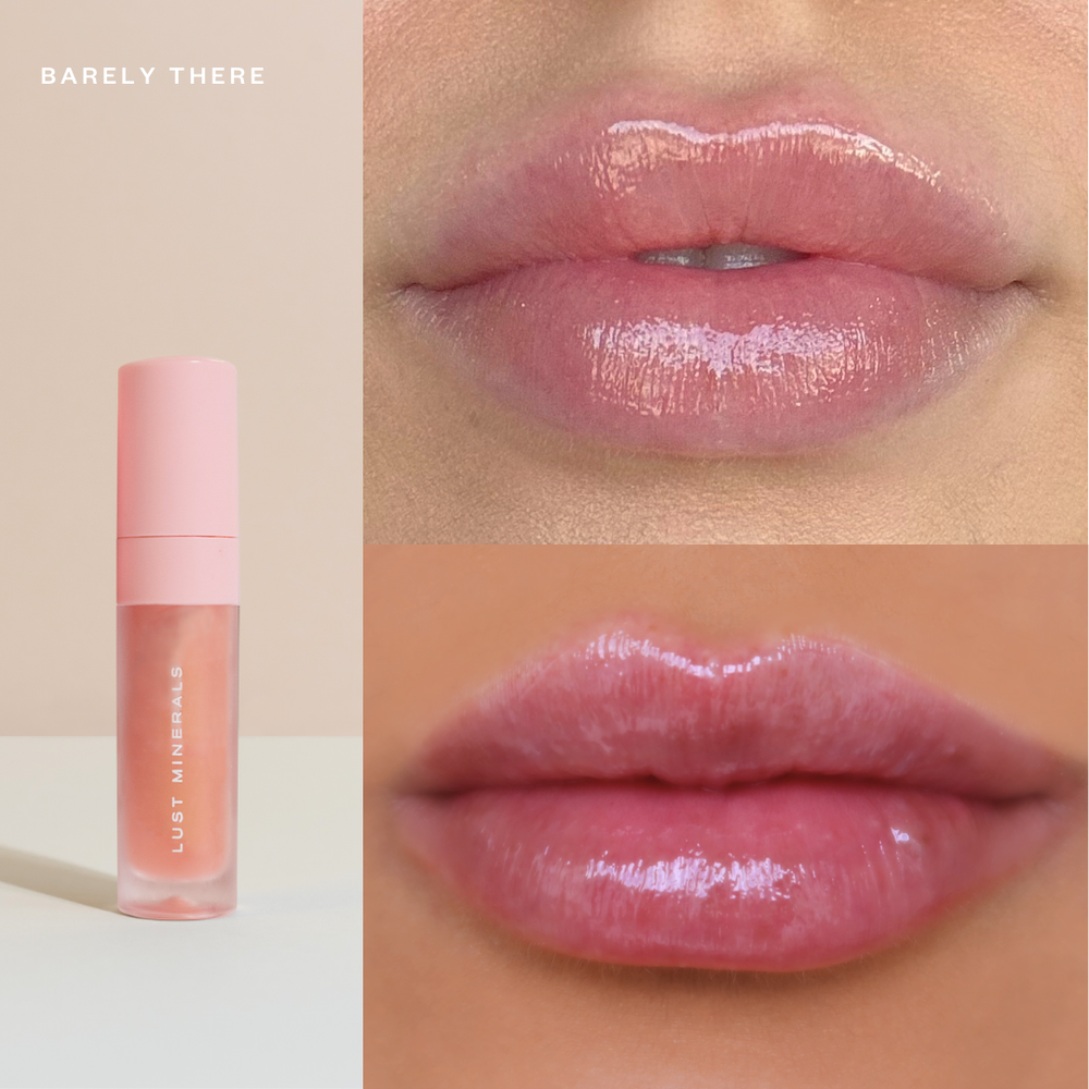 Lip gloss with a close-up of lips wearing the product, labeled 'Barely There'.