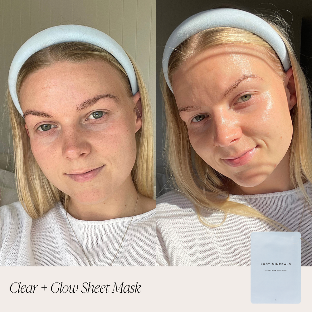Clear + Glow Sheet Mask before and after