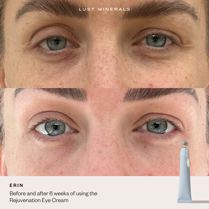 Before and after comparison of eyes using a Rejuvenation Eye Cream by Lust Minerals.