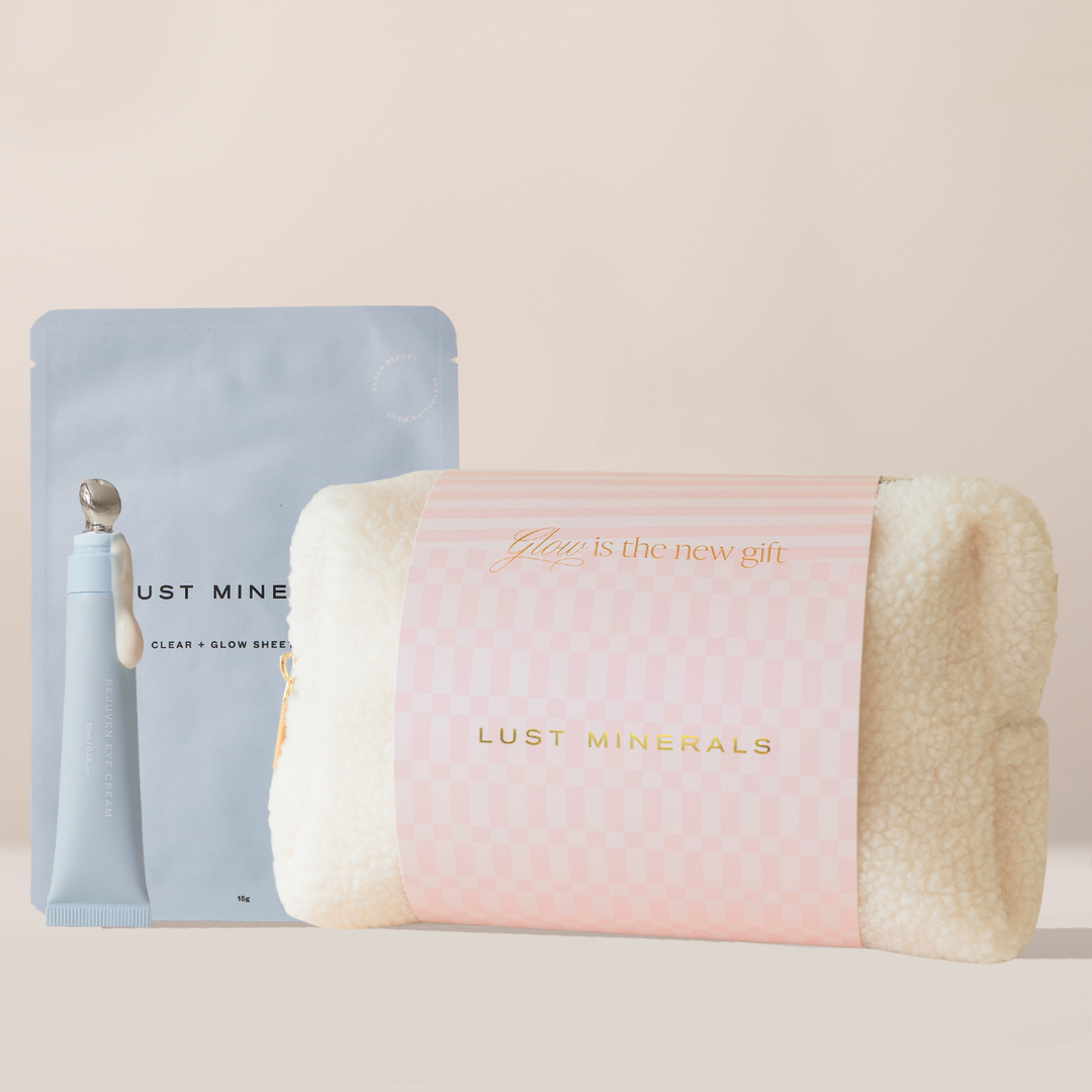 Lust Minerals skincare products on a beige background