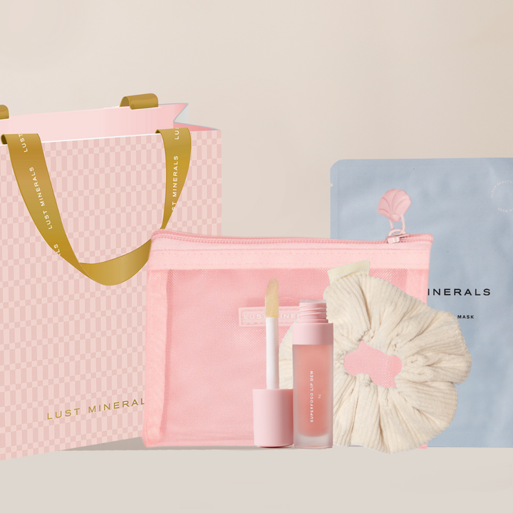 Cosmetic bag with skincare products and a mask on a light background