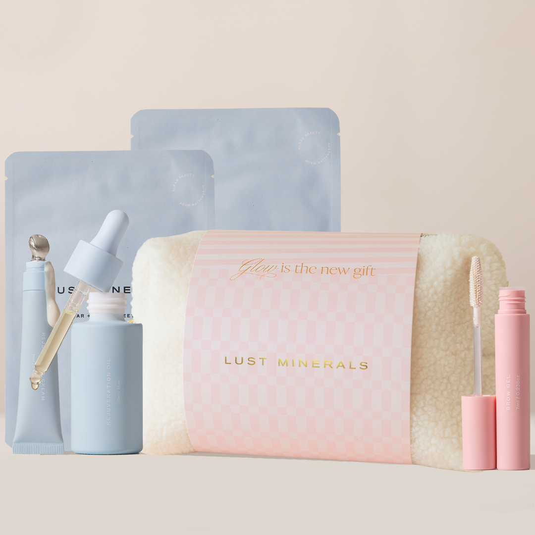Lust Minerals skincare products including a pouch, bottles, and packets on a light background