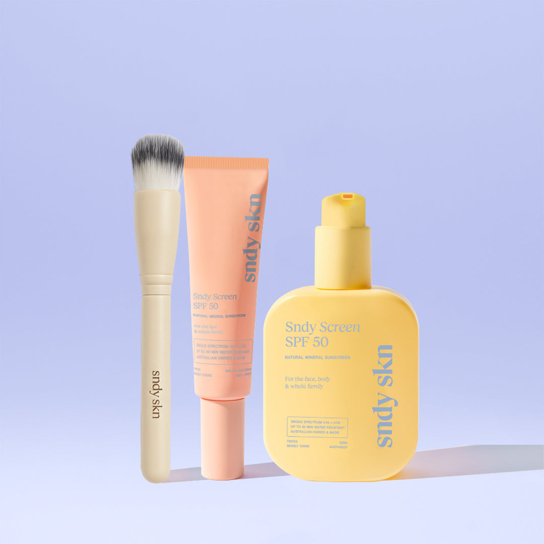 SNDY SKN natural SPF50 sunscreen bundle with reef-safe, vegan ingredients for whole family