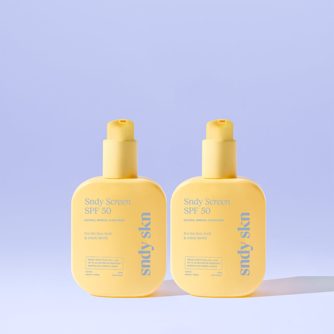 SNDY SKN SPF50 mineral sunscreen for sensitive skin, showing fast-absorbing, non-greasy formula two pack