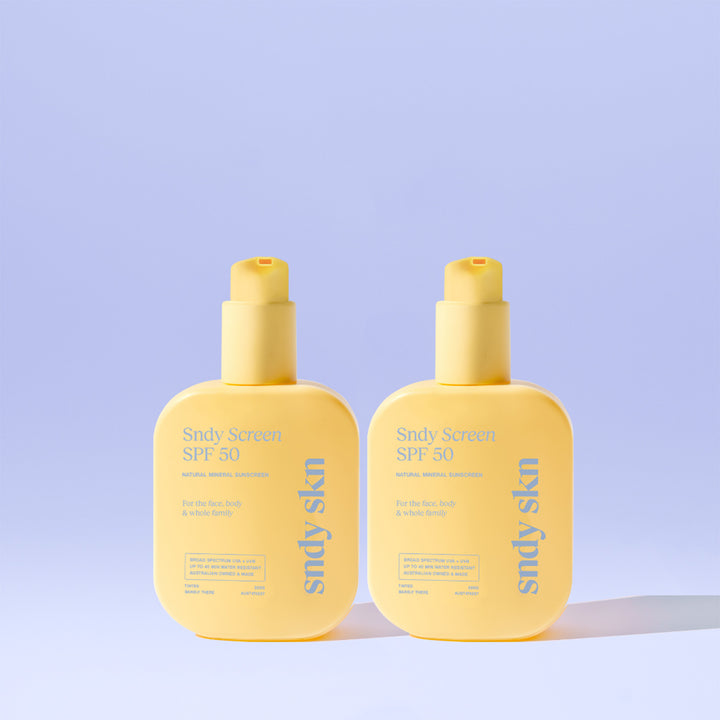 SNDY SKN SPF50 mineral sunscreen for sensitive skin, showing fast-absorbing, non-greasy formula two pack